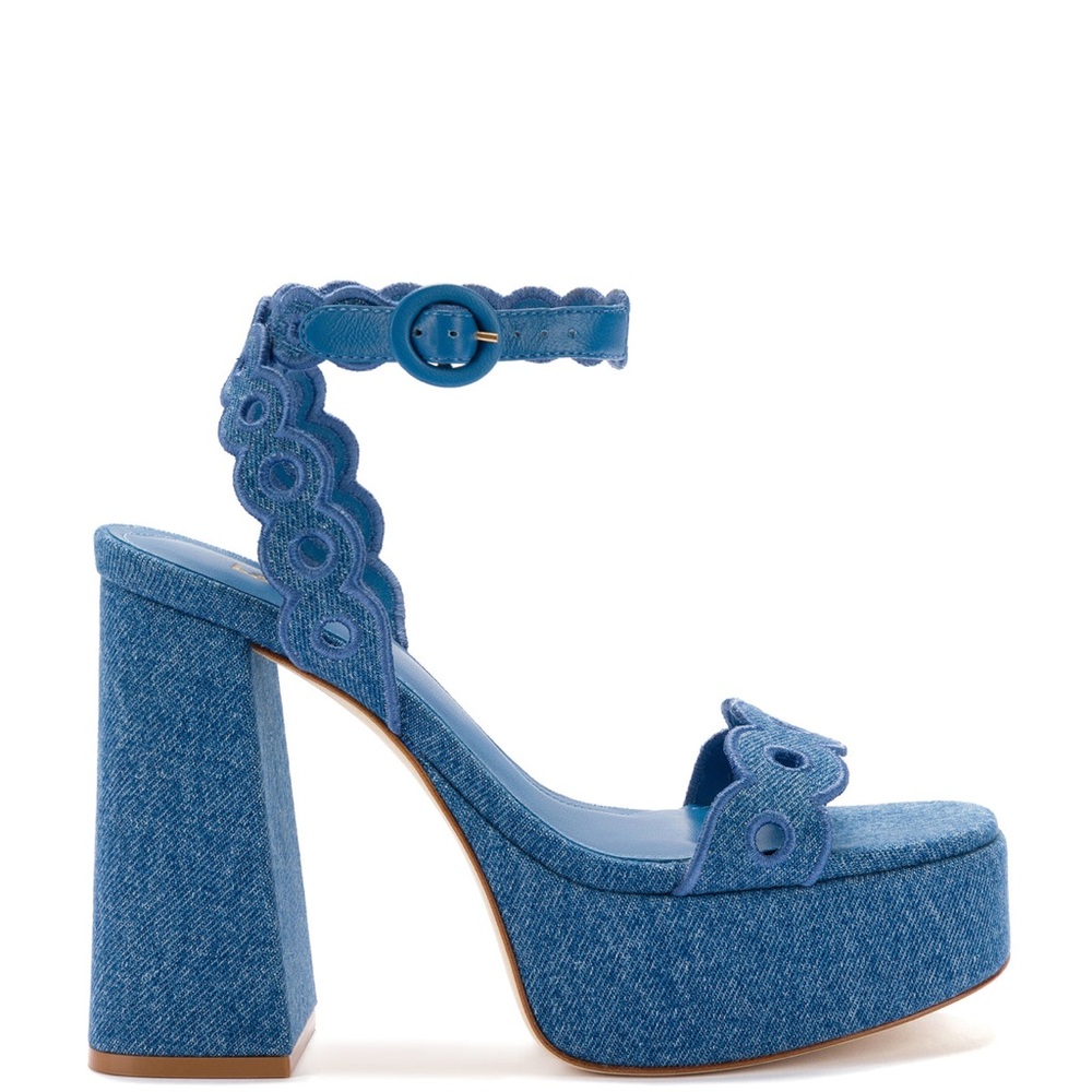 NEW Larroude Dolly Broderie Platform Sandal Blue Stoned Denim NWB